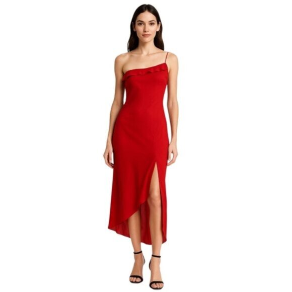 Express Red Silk One Shoulder Asymmetrical Cocktail Midi Dress - Picture 1 of 14